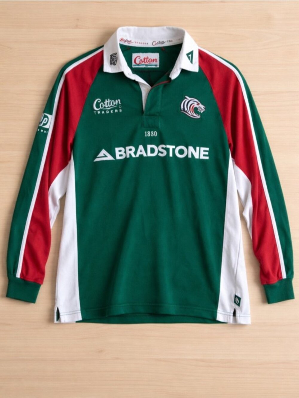 Cotton Traders Rugby Shirt Green Red White Long Sleeve Polo Tiger Logo Men’s S